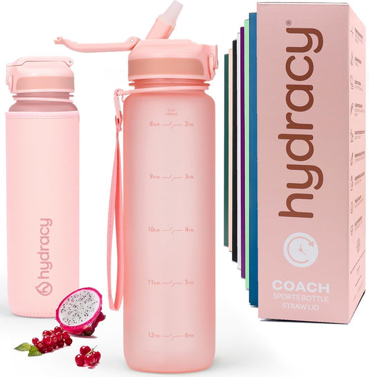 Motivational Water Bottle with Time Marker and Straw Lid 1 L | Leakproof,Bpa Free Tritan,No Sweat Neoprene Sleeve,Shatterproof,Carry Strap,Daily Intake Tracking for Fitness & Outdoors