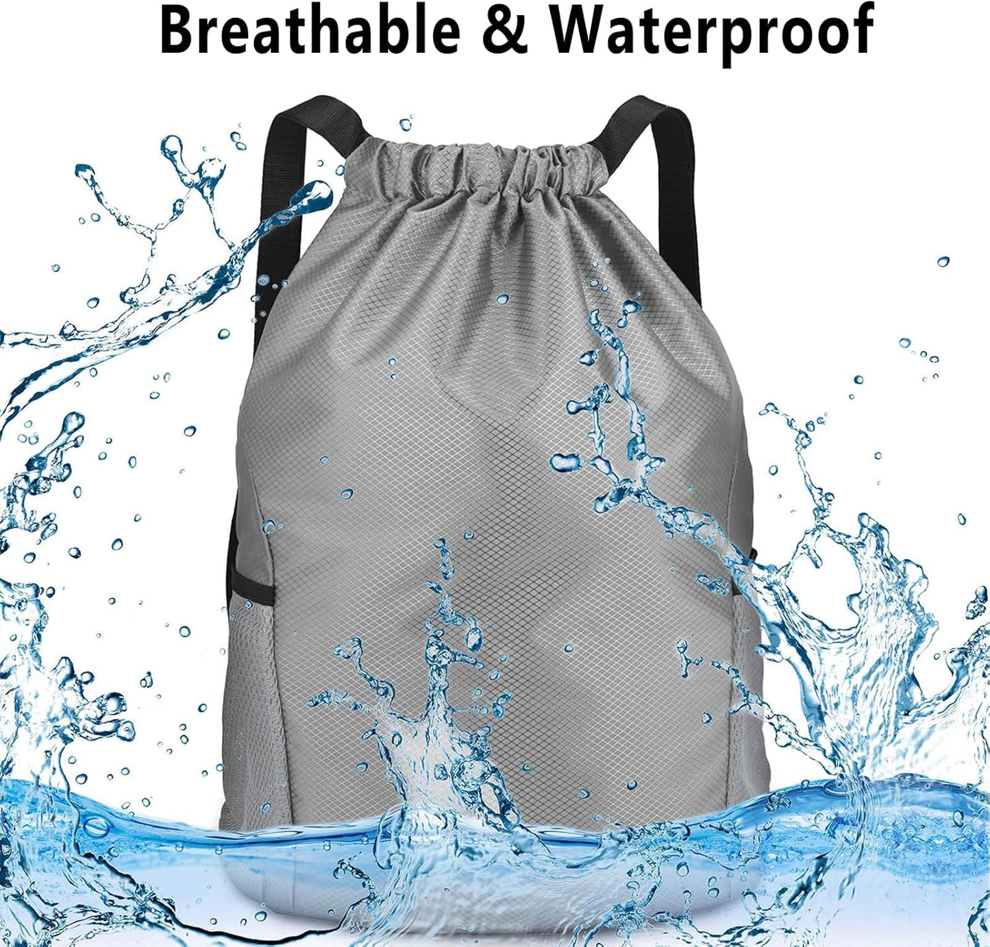 Drawstring Bag, Unisex Large Sports Backpack String Drawstring PE Bags, Sport Gym Sack Have Two Side Pockets, Waterproof Travel Beach Swim School Bag