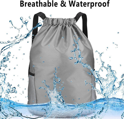 Drawstring Bag, Unisex Large Sports Backpack String Drawstring PE Bags, Sport Gym Sack Have Two Side Pockets, Waterproof Travel Beach Swim School Bag