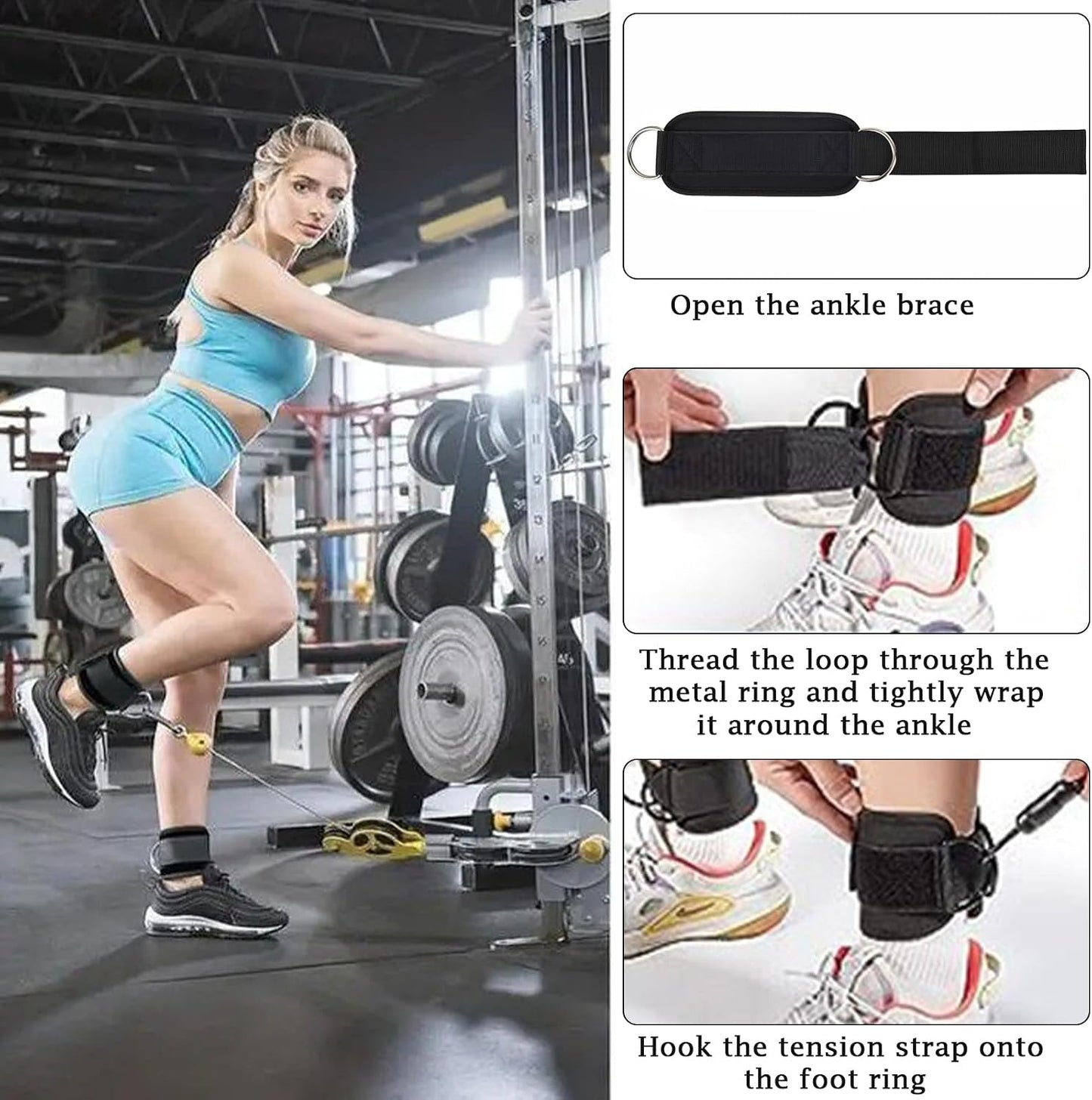Ankle Straps for Cable Machines, Gym Cuffs with Double D-Ring, Weight Lifting Leg Workout Attachment, Kickback Ankle Straps