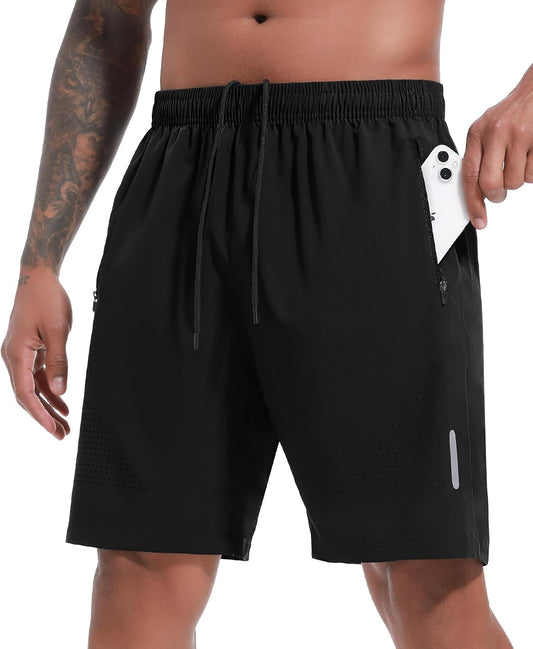 Mens Gym Shorts 7" Quick Dry Sports Running Short with Zip Pockets | Breathable Lightweight Loose-Fit Athletic Workout Training Shorts with Phone Pockets and Reflective Strip