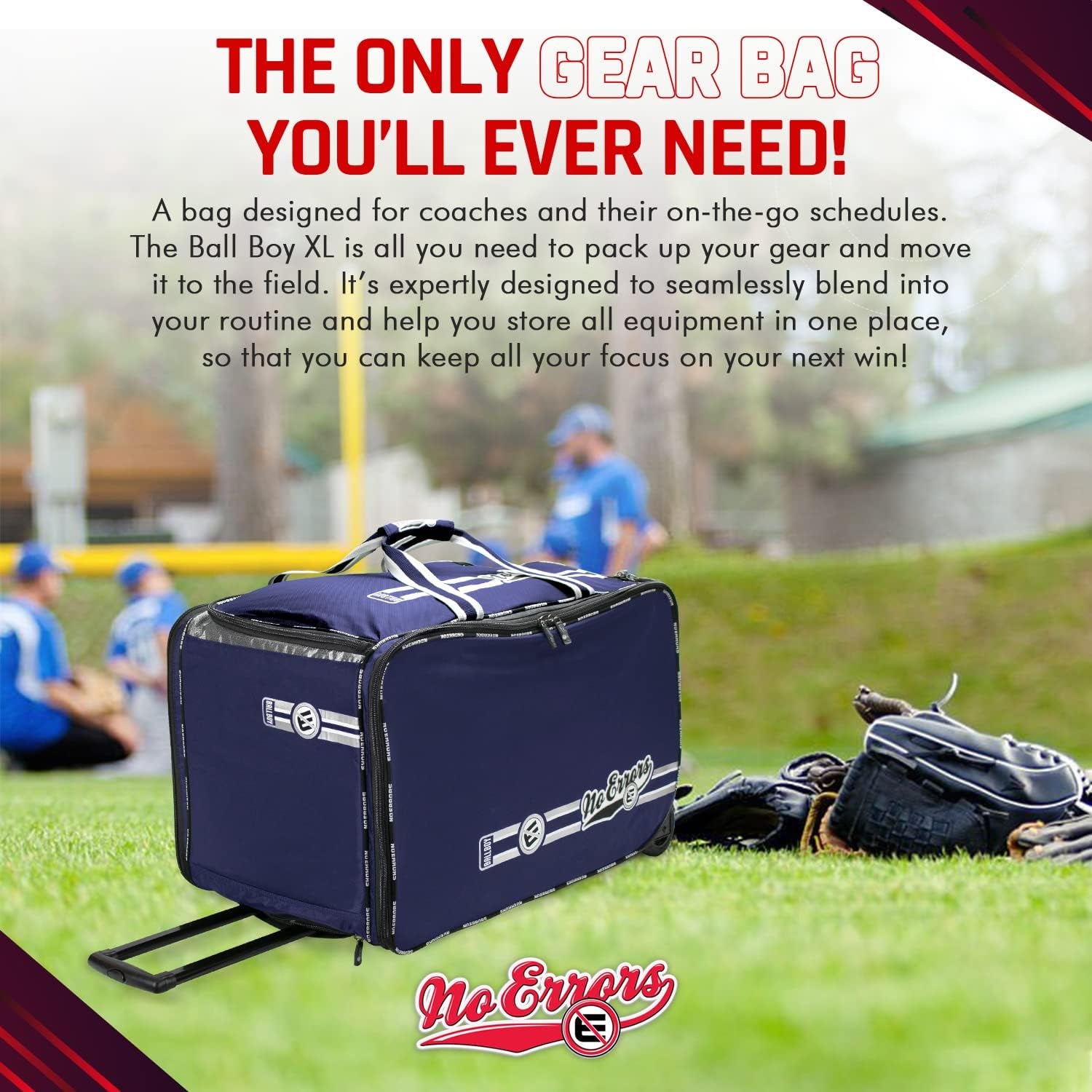 No Errors Ball Boy XL Wheeled Baseball Coaches Bag - Heavy Duty Baseball and Softball Bag for Coaches - Holds Two 6 Gallon Ball Buckets and Coaching Equipment