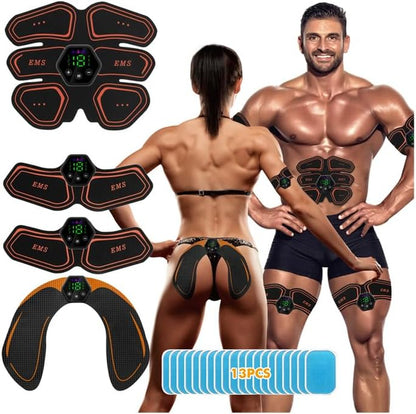 EMS Muscle Stimulator, Portable Electric ABS Stimulator | AB Trainer, Six Pack Machine, 6 Modes, 19 Intensities, Toning Full Body Abdominal/Arm/Legs/Hip, Men and Women, 13 Gel, Orange