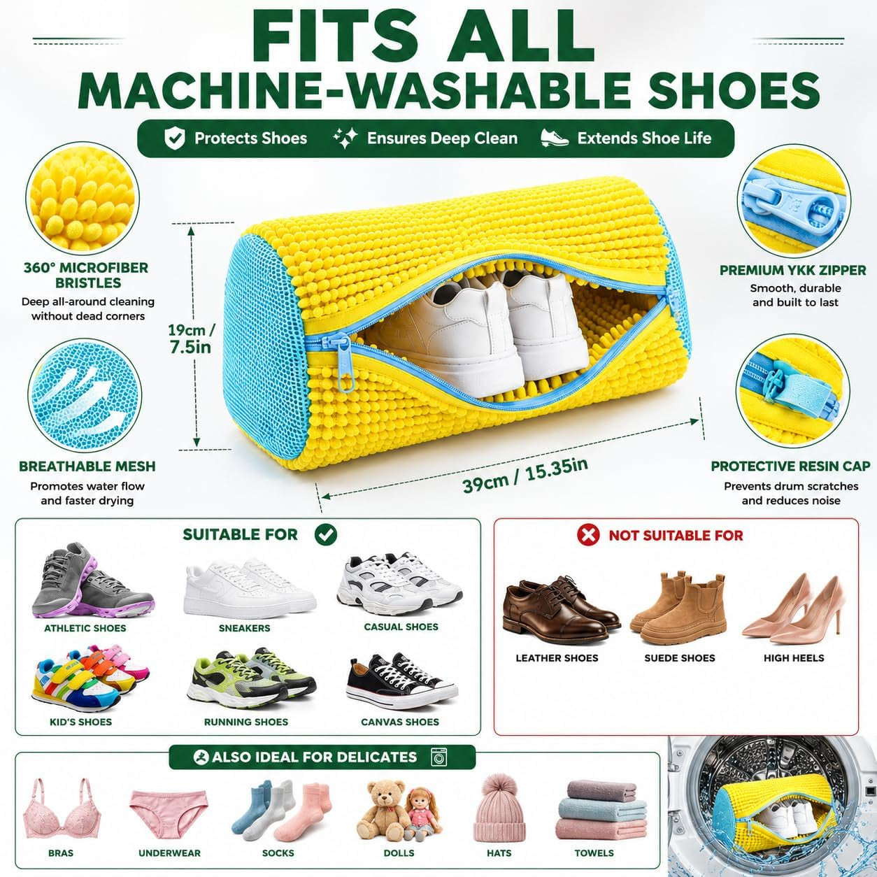 2 Pack Shoe Washing Machine Bag for Washer & Dryer, Trainer Washing Machine Bag, Reusable Shoe Bag for Washing Machine with Zipper, Microfiber Mesh Bag for Trainers & Sneakers (39X19Cm)