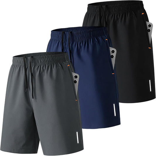 3 Pack Gym Shorts Men Lightweight Quick Dry Sports Short Inseam 7 with Zipper Pockets for Running Fitness Joggers